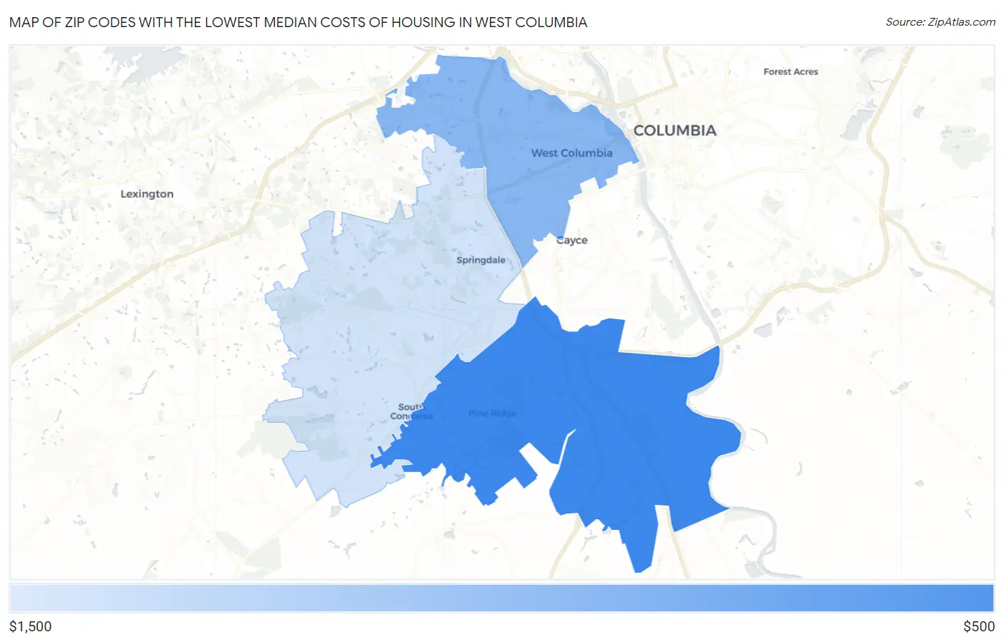 Zip Codes with the Lowest Median Costs of Housing in West Columbia Map