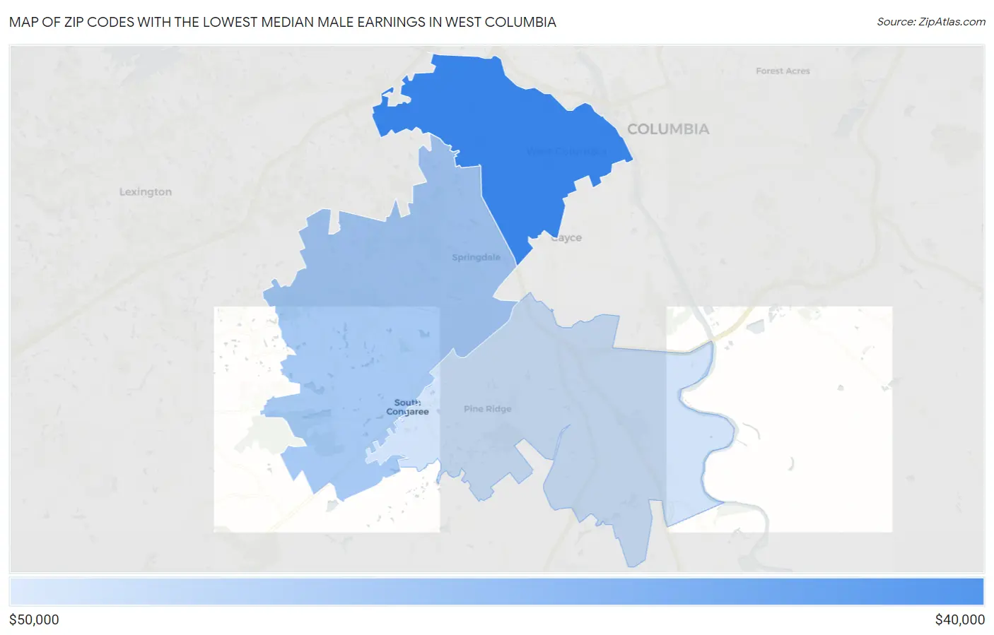Zip Codes with the Lowest Median Male Earnings in West Columbia Map