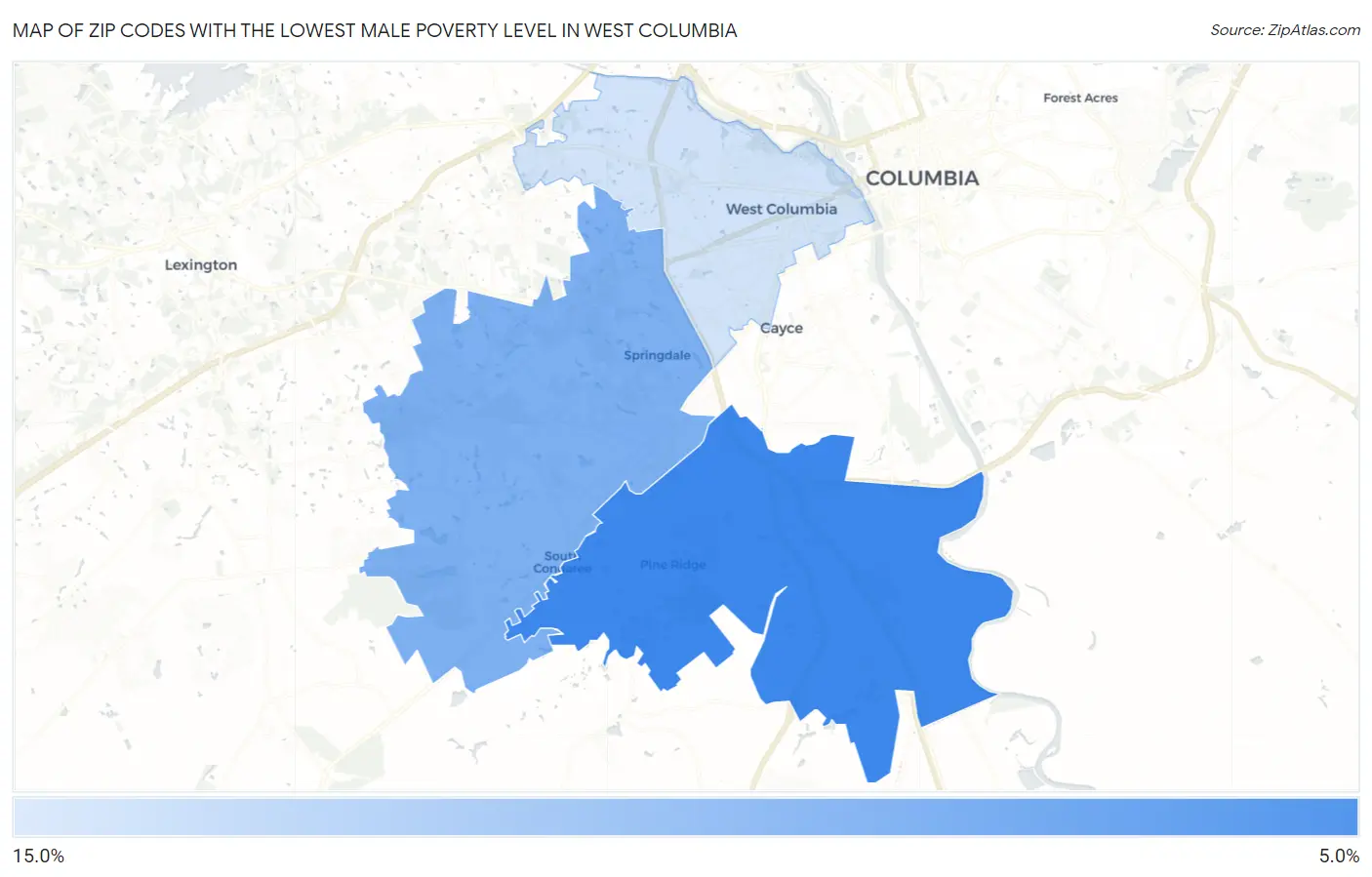 Zip Codes with the Lowest Male Poverty Level in West Columbia Map