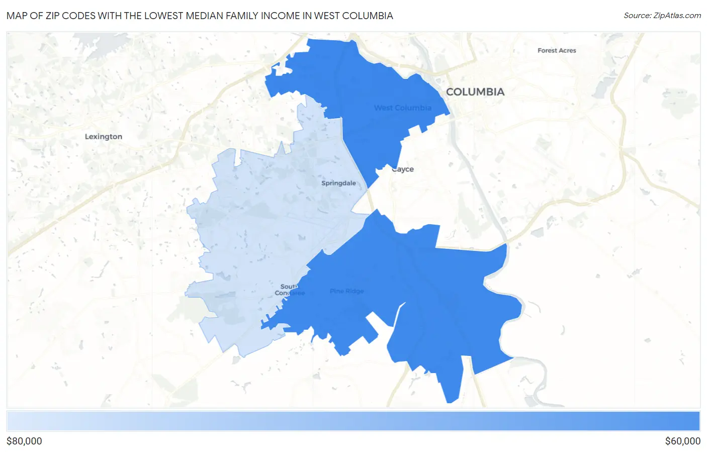 Zip Codes with the Lowest Median Family Income in West Columbia Map