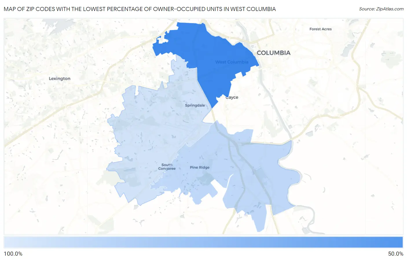 Zip Codes with the Lowest Percentage of Owner-Occupied Units in West Columbia Map