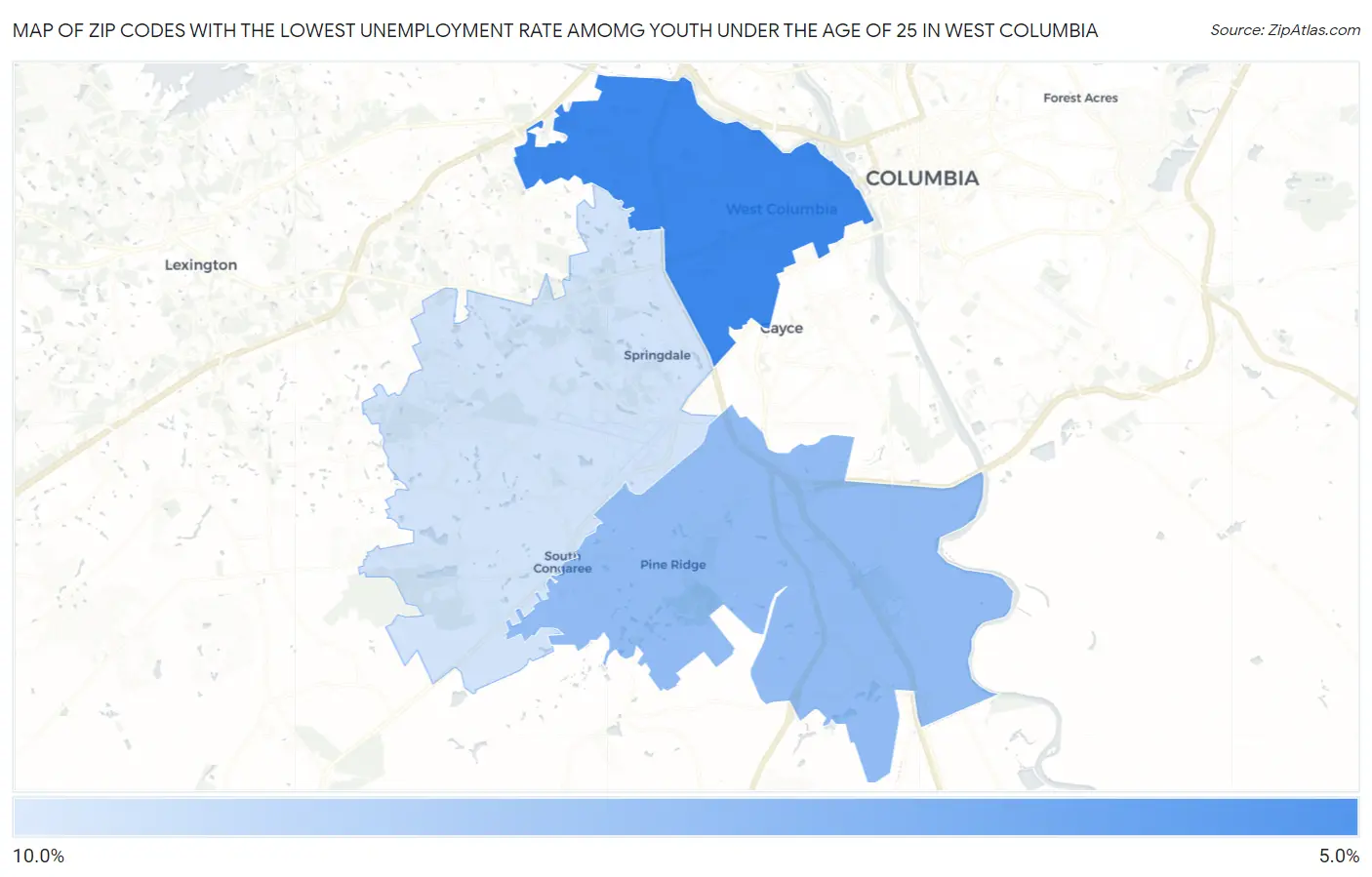 Zip Codes with the Lowest Unemployment Rate Amomg Youth Under the Age of 25 in West Columbia Map