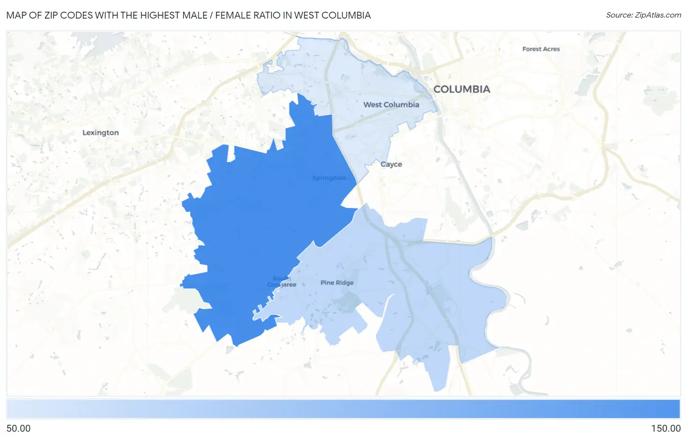 Zip Codes with the Highest Male / Female Ratio in West Columbia Map