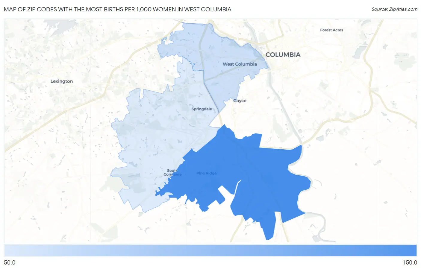 Zip Codes with the Most Births per 1,000 Women in West Columbia Map