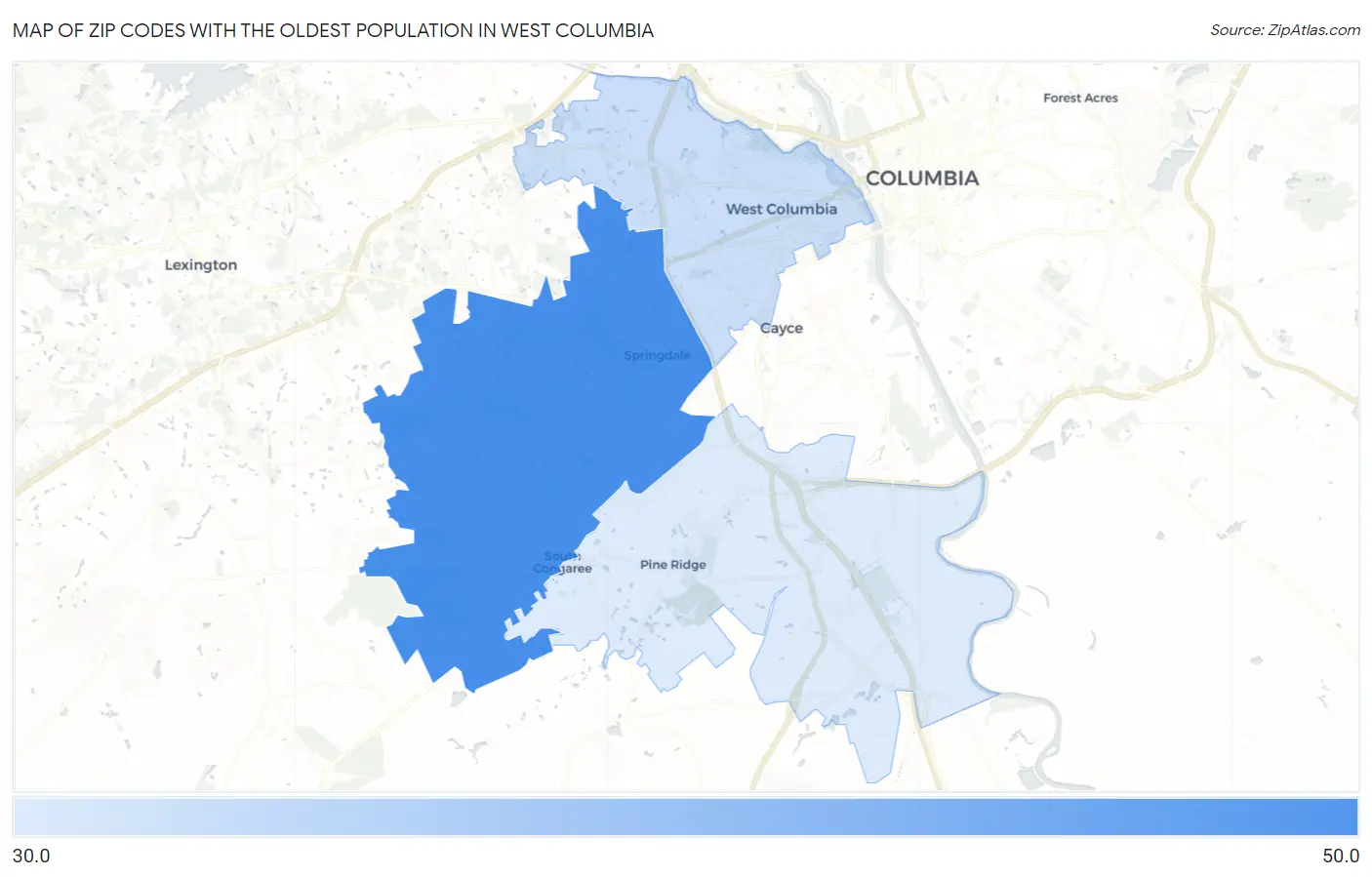 Zip Codes with the Oldest Population in West Columbia Map