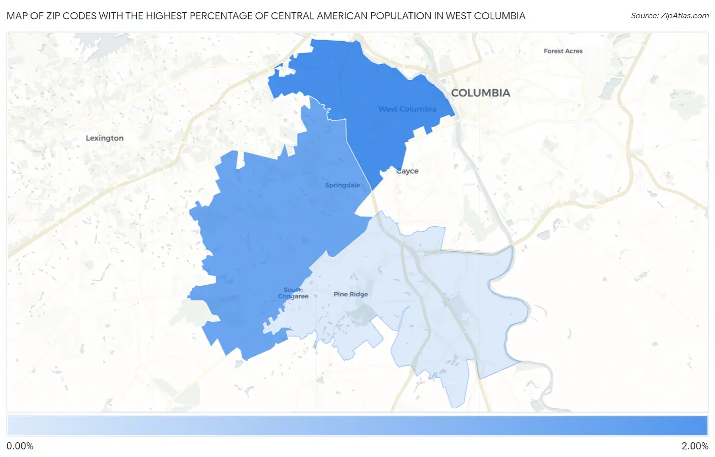 Zip Codes with the Highest Percentage of Central American Population in West Columbia Map