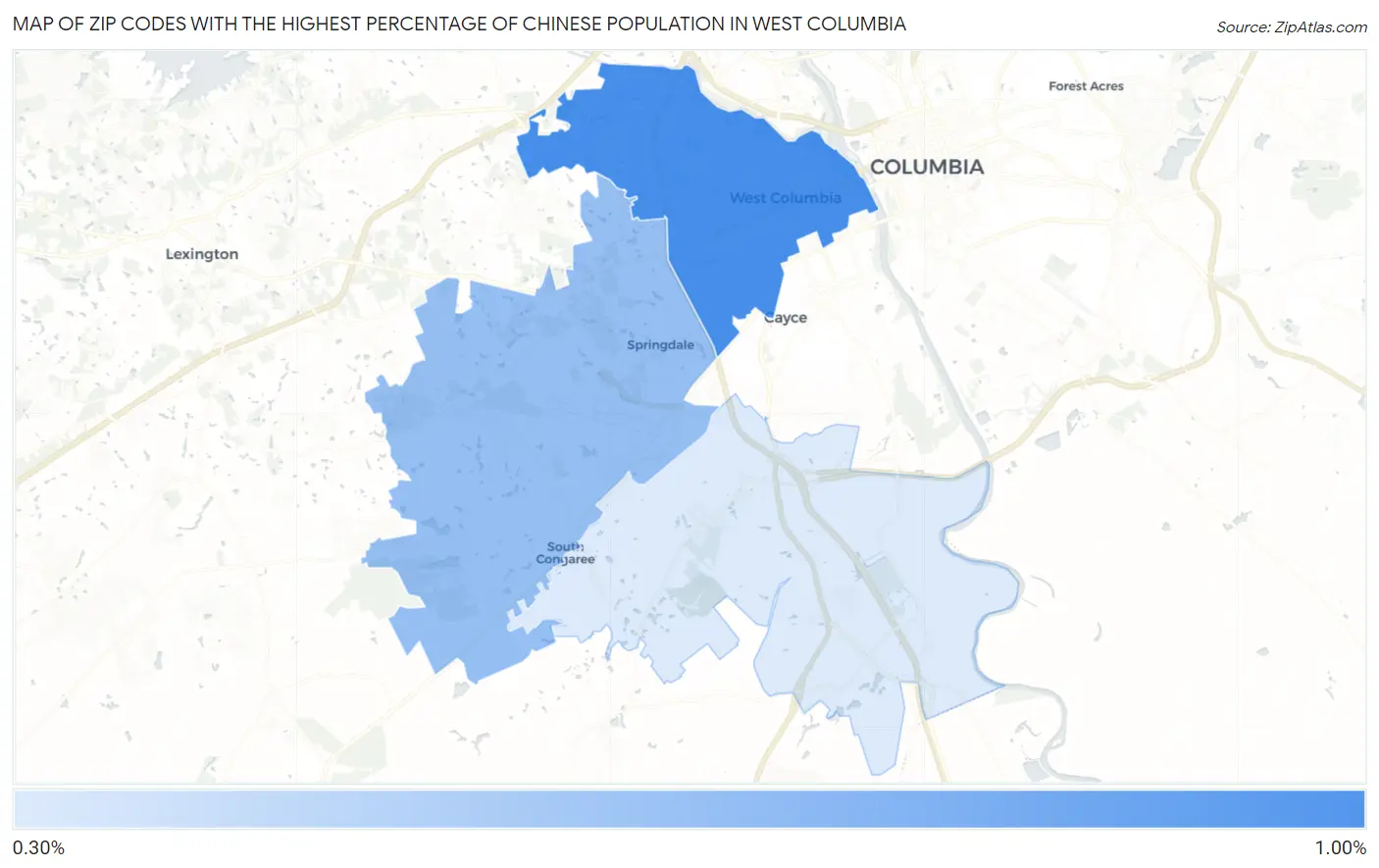 Zip Codes with the Highest Percentage of Chinese Population in West Columbia Map