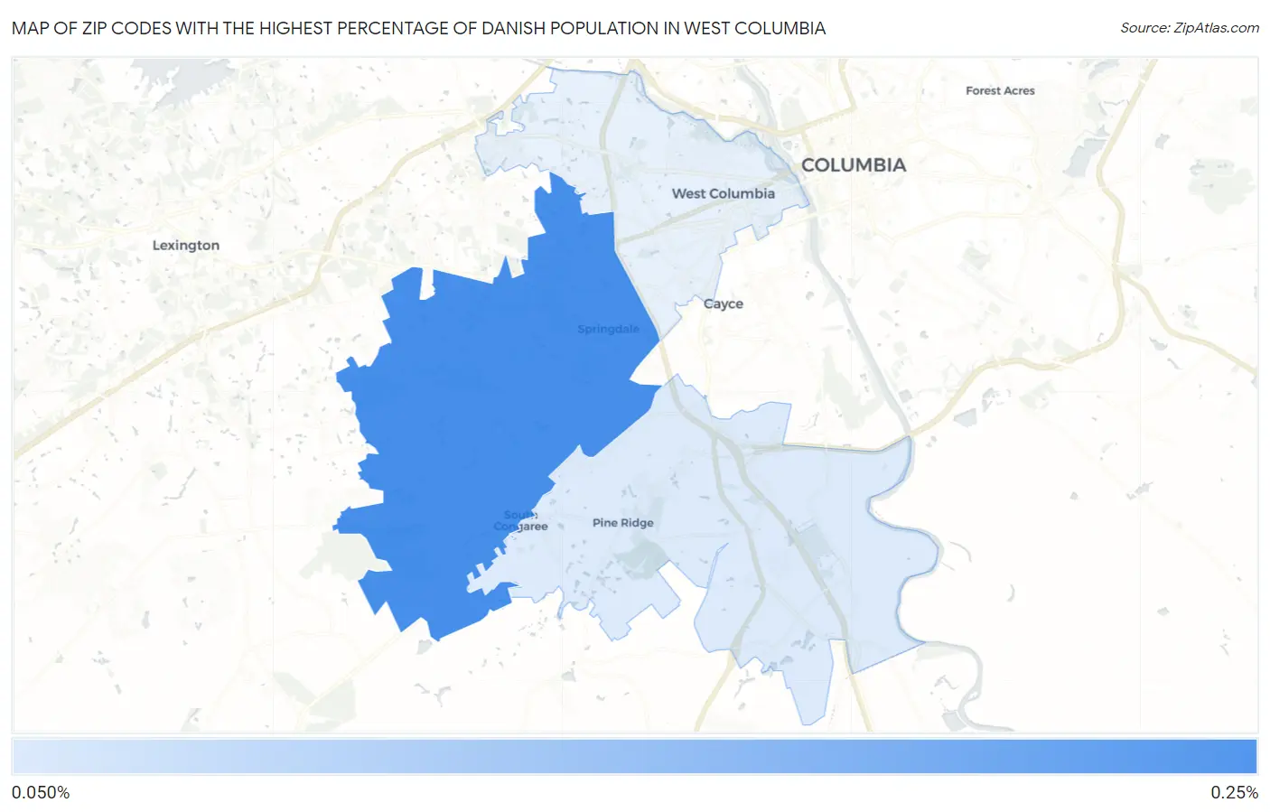 Zip Codes with the Highest Percentage of Danish Population in West Columbia Map