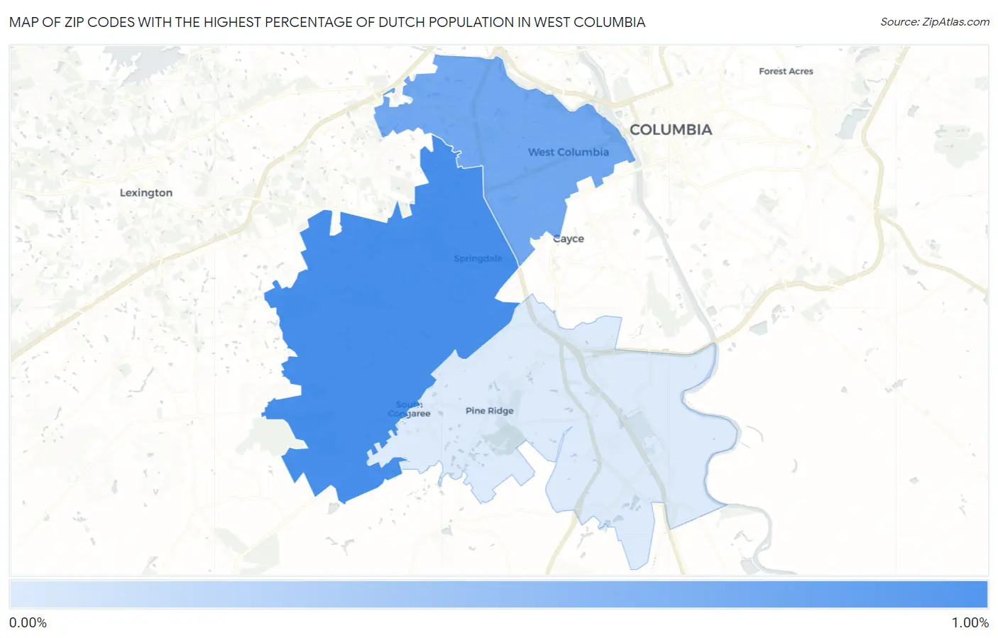 Zip Codes with the Highest Percentage of Dutch Population in West Columbia Map