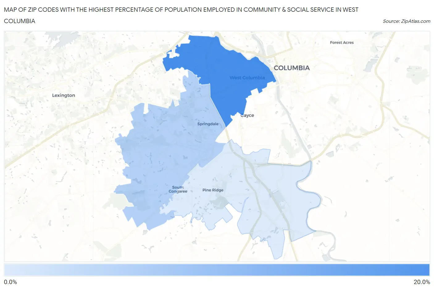 Zip Codes with the Highest Percentage of Population Employed in Community & Social Service  in West Columbia Map