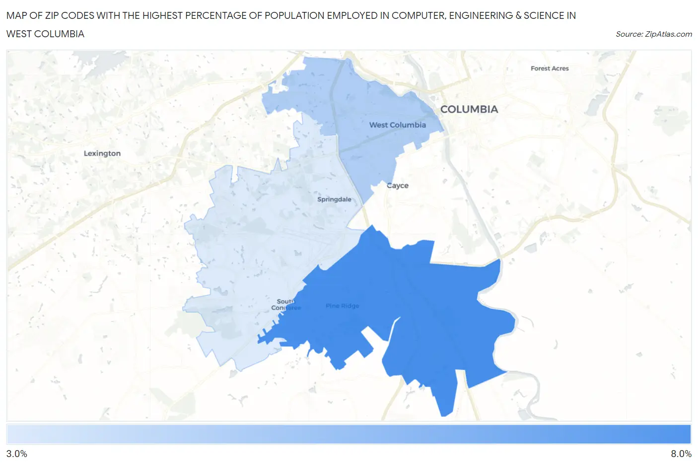 Zip Codes with the Highest Percentage of Population Employed in Computer, Engineering & Science in West Columbia Map