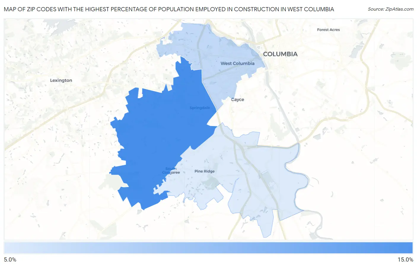 Zip Codes with the Highest Percentage of Population Employed in Construction in West Columbia Map