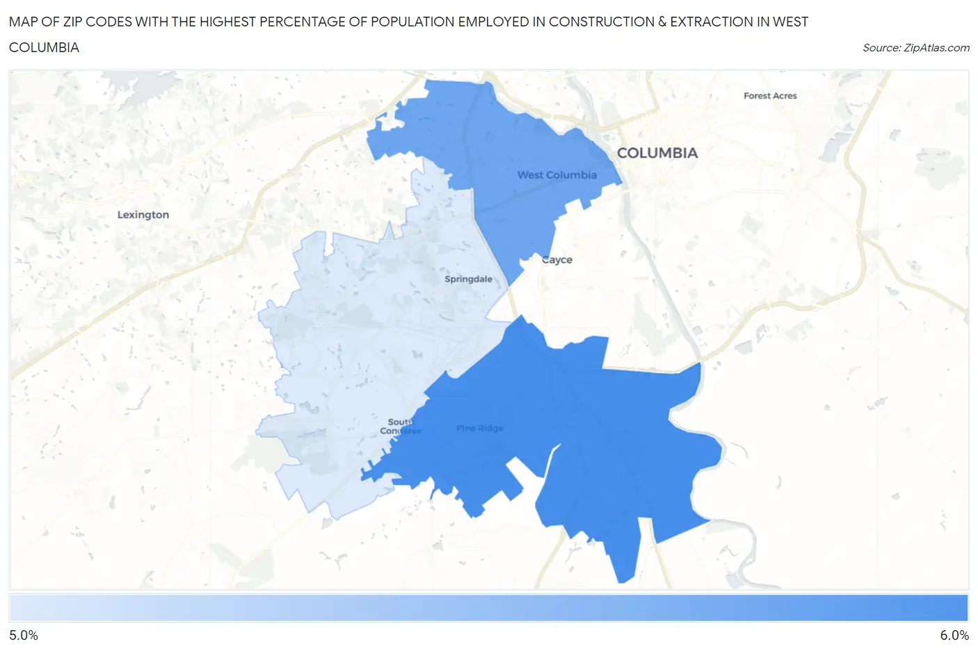 Zip Codes with the Highest Percentage of Population Employed in Construction & Extraction in West Columbia Map
