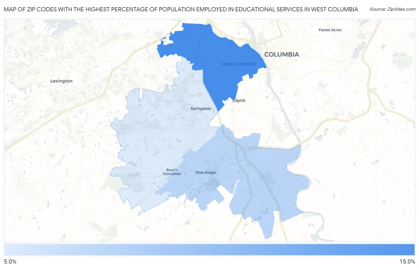 Zip Codes with the Highest Percentage of Population Employed in Educational Services in West Columbia Map