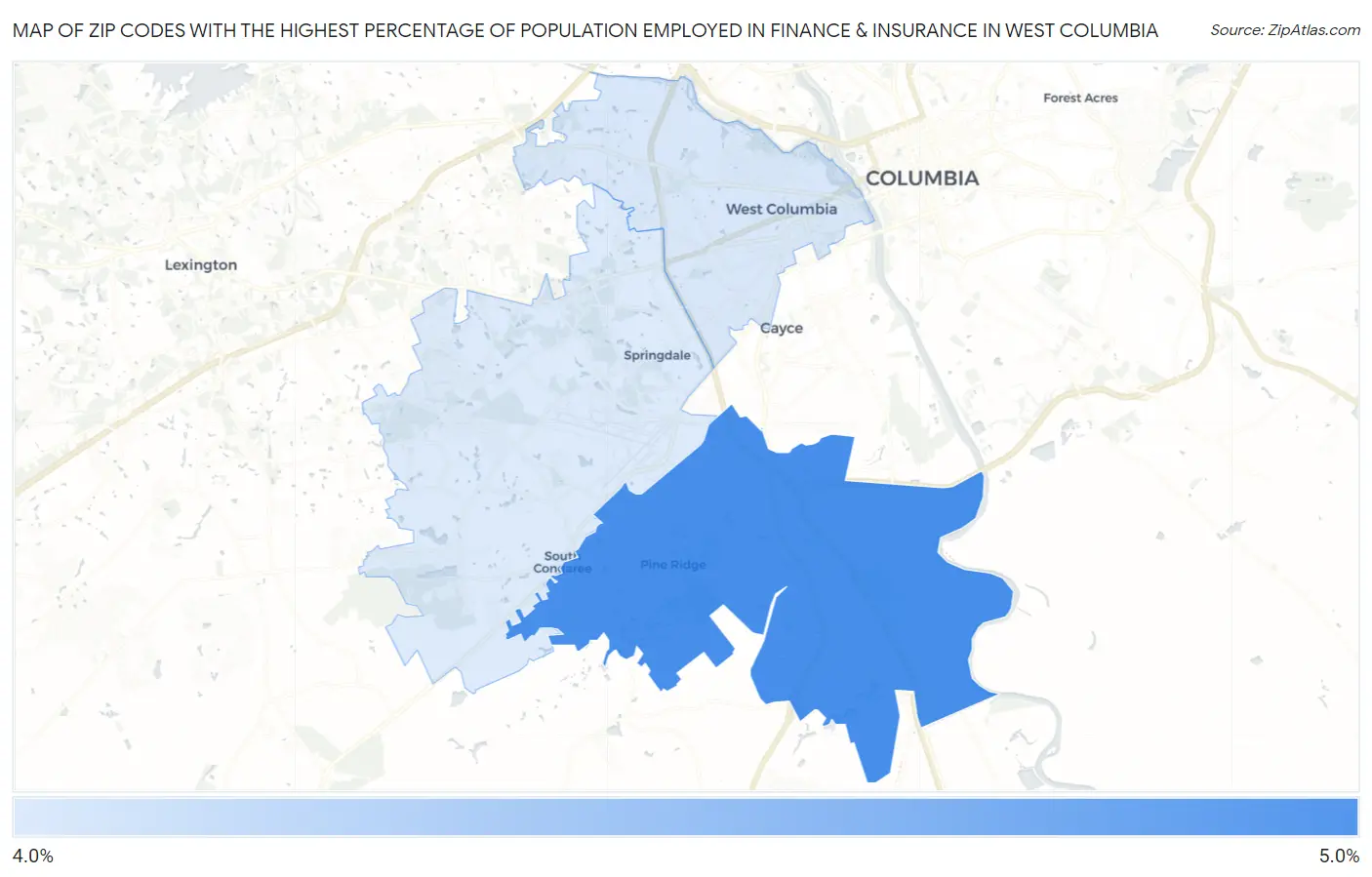 Zip Codes with the Highest Percentage of Population Employed in Finance & Insurance in West Columbia Map
