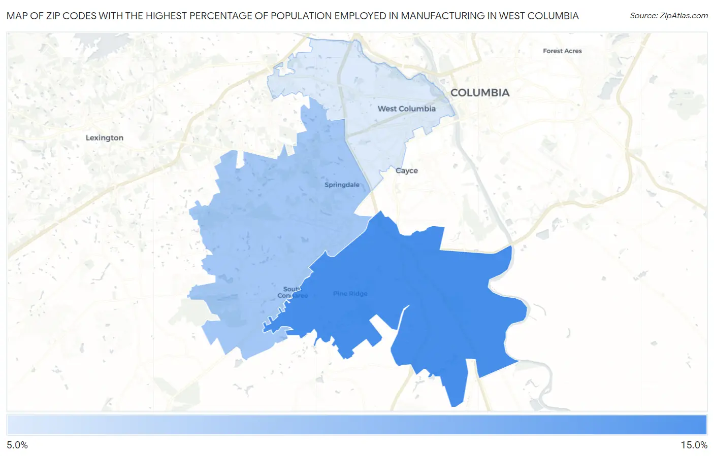 Zip Codes with the Highest Percentage of Population Employed in Manufacturing in West Columbia Map