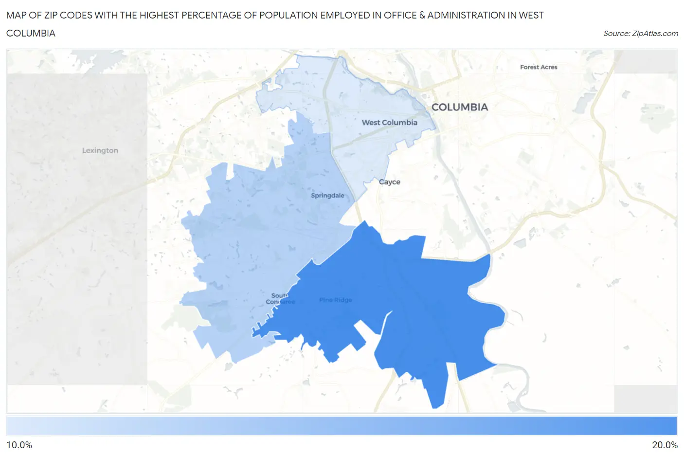 Zip Codes with the Highest Percentage of Population Employed in Office & Administration in West Columbia Map