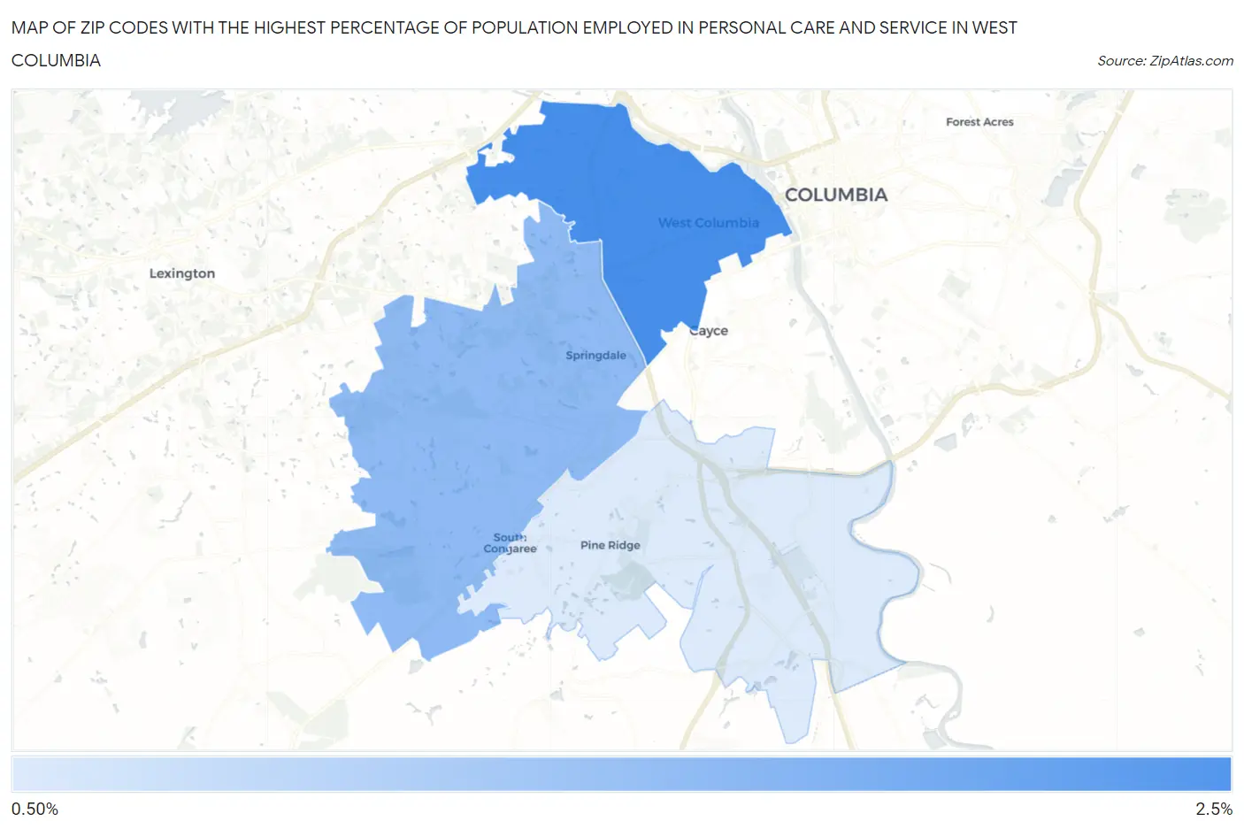 Zip Codes with the Highest Percentage of Population Employed in Personal Care and Service in West Columbia Map