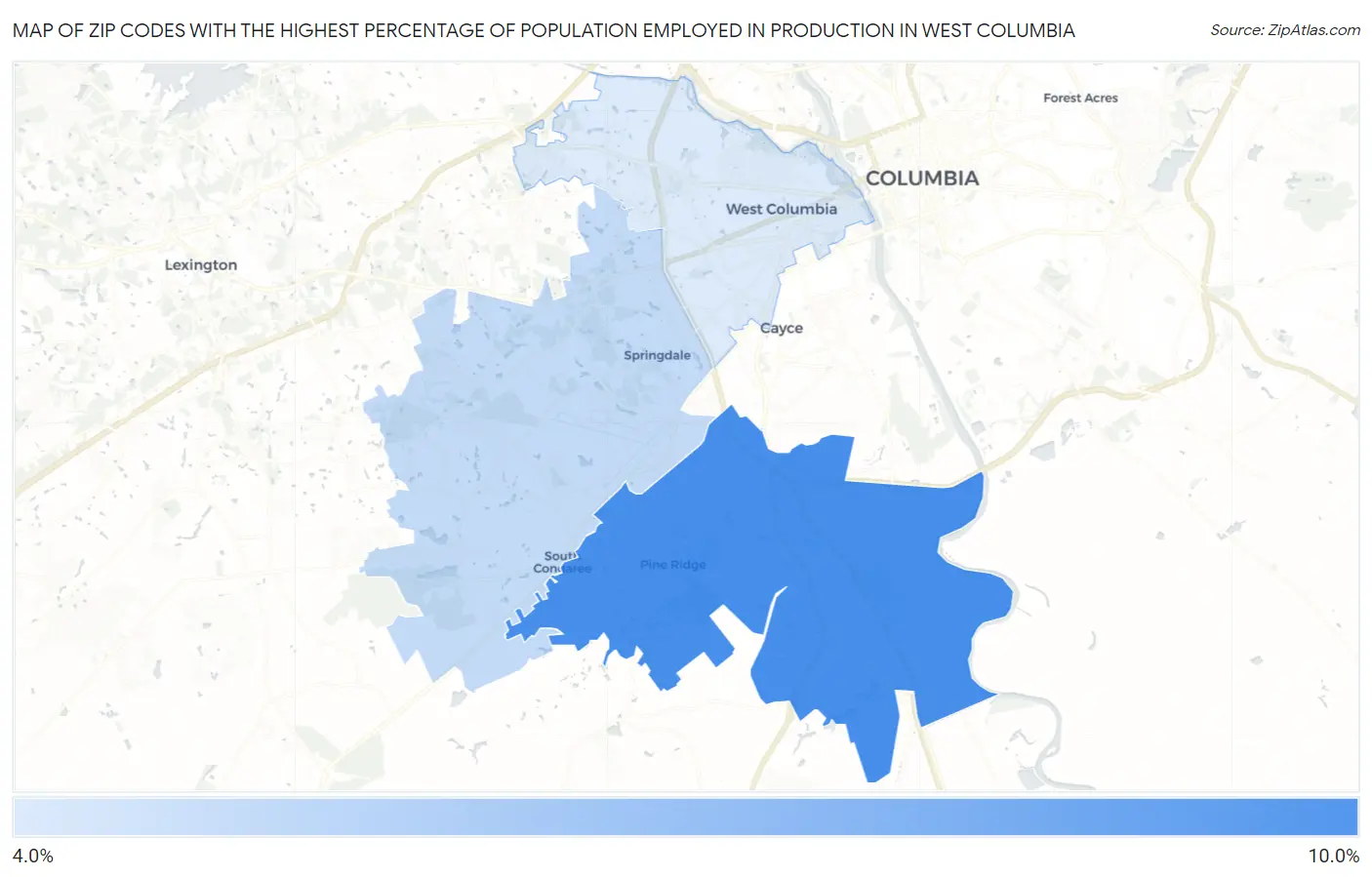 Zip Codes with the Highest Percentage of Population Employed in Production in West Columbia Map