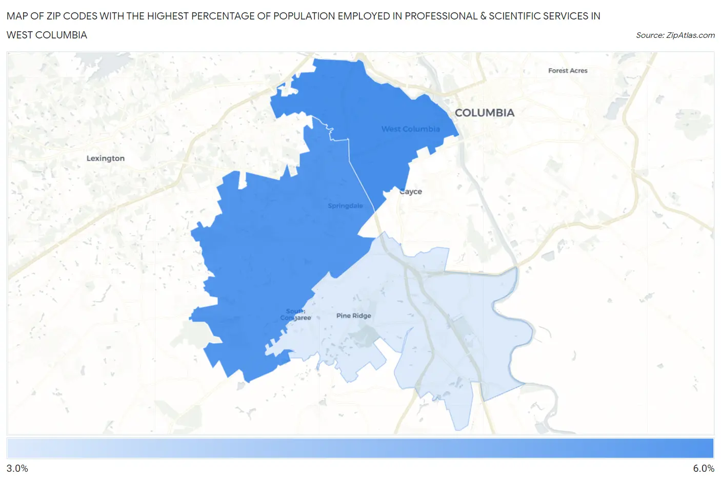 Zip Codes with the Highest Percentage of Population Employed in Professional & Scientific Services in West Columbia Map