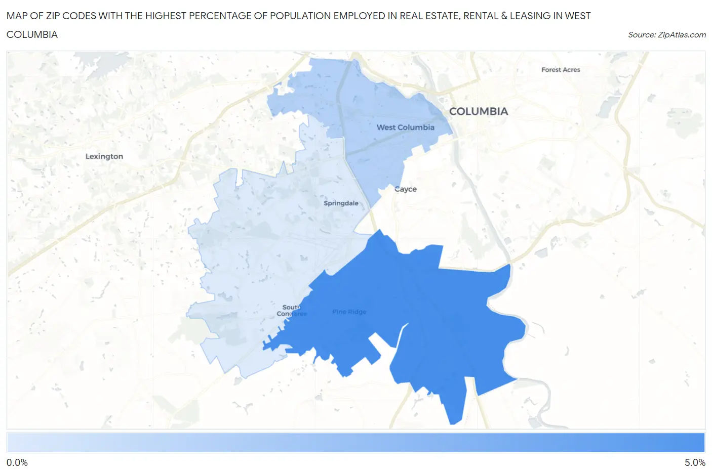 Zip Codes with the Highest Percentage of Population Employed in Real Estate, Rental & Leasing in West Columbia Map