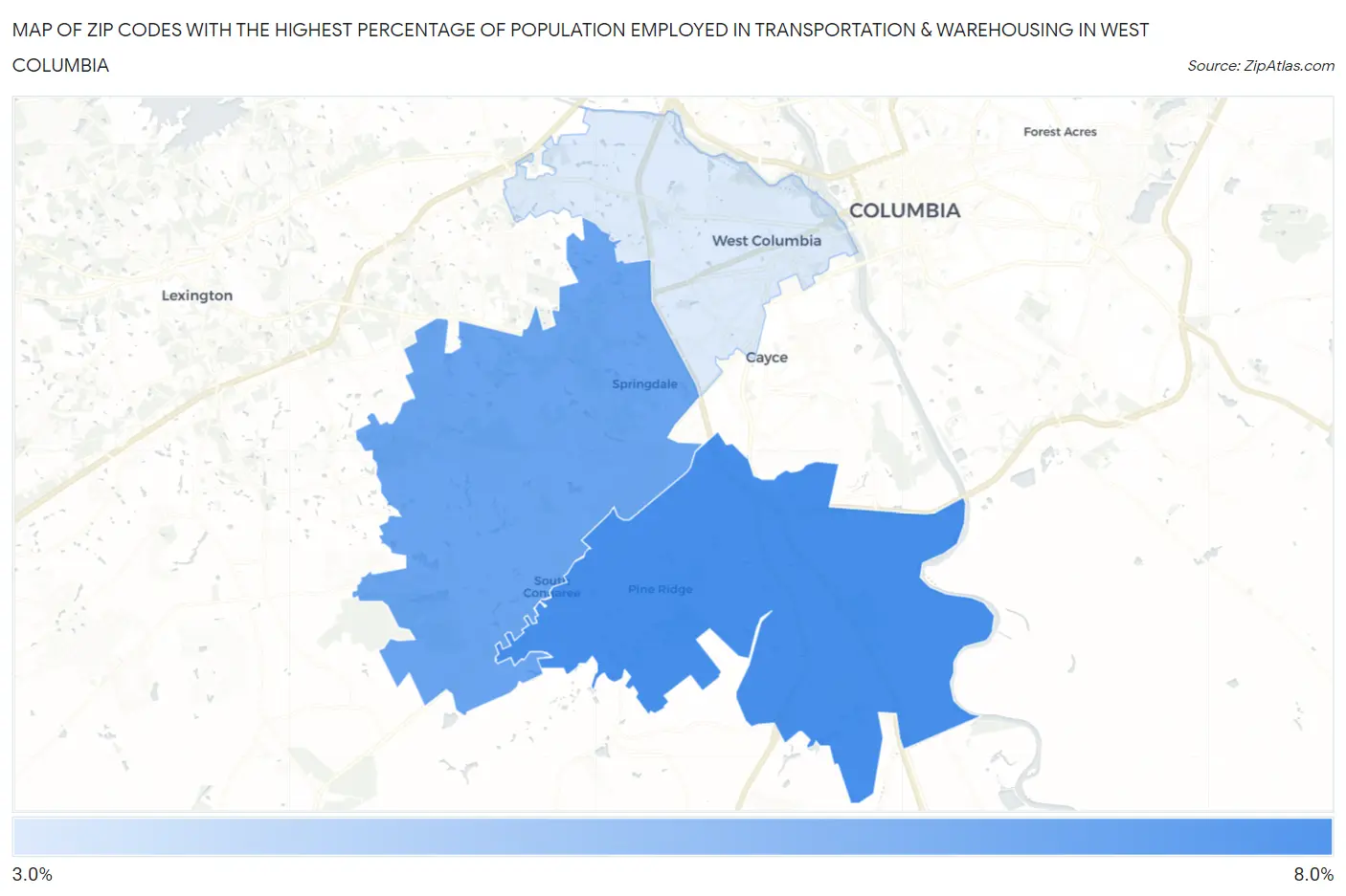 Zip Codes with the Highest Percentage of Population Employed in Transportation & Warehousing in West Columbia Map
