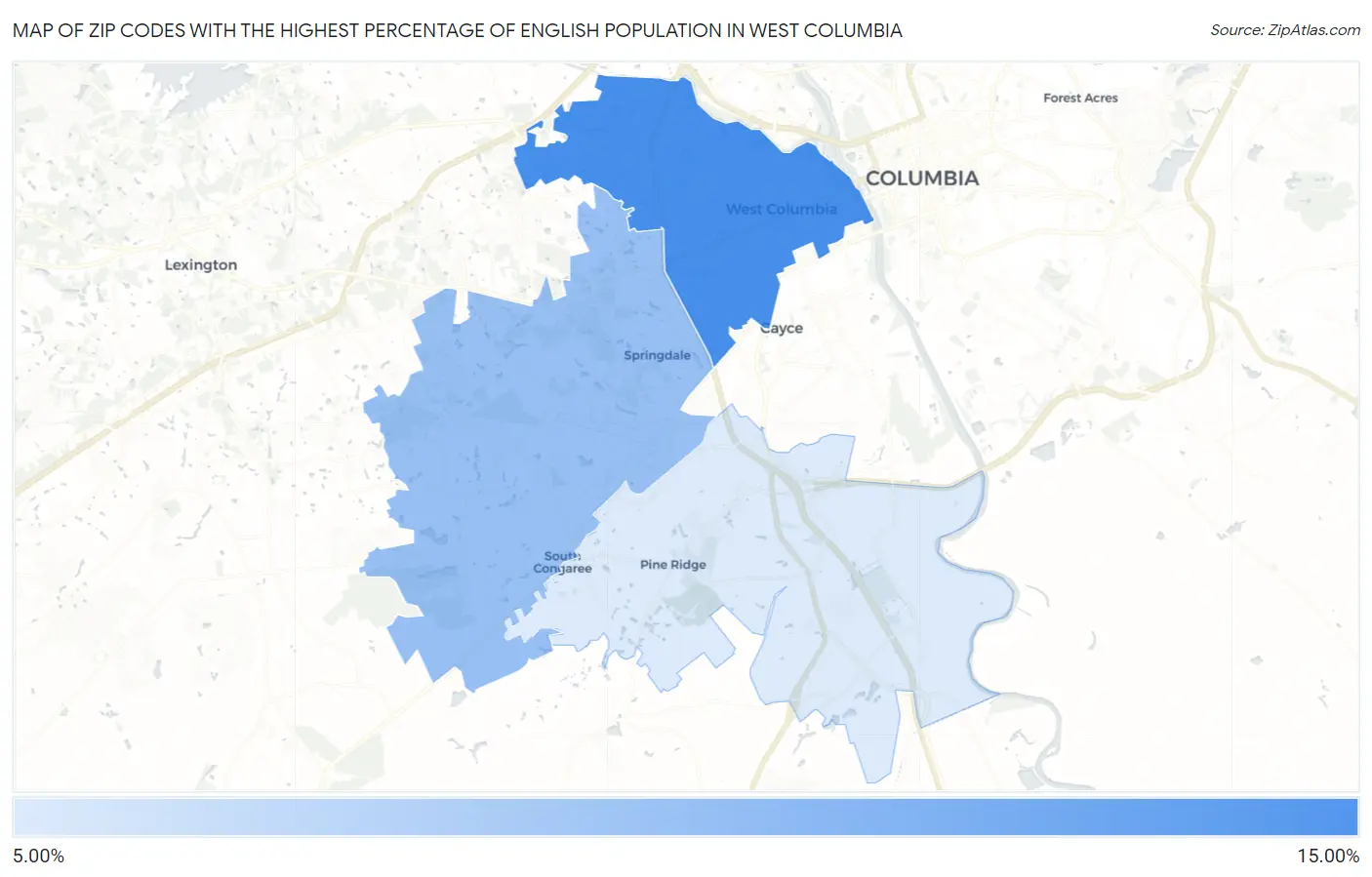 Zip Codes with the Highest Percentage of English Population in West Columbia Map