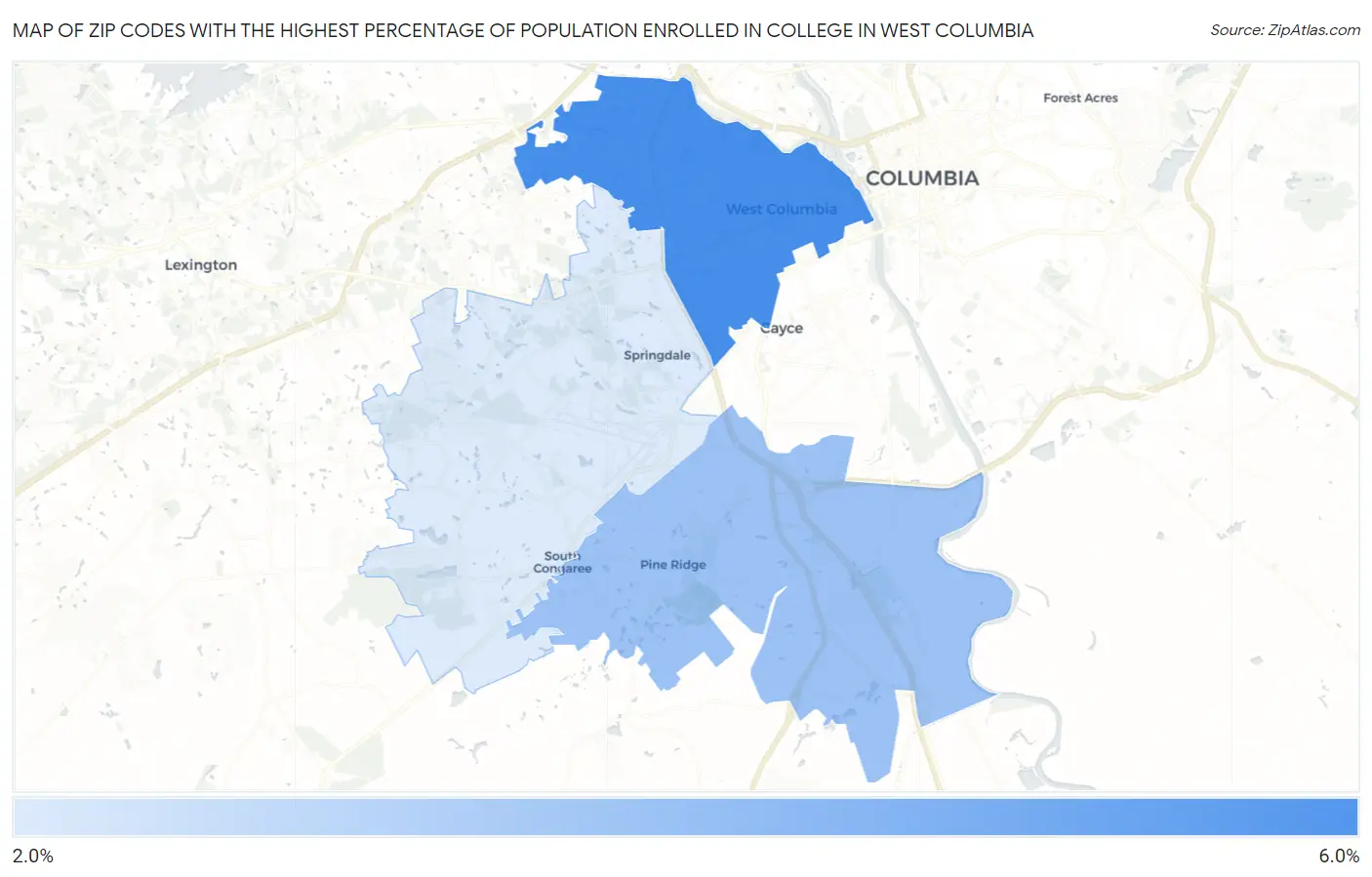 Zip Codes with the Highest Percentage of Population Enrolled in College in West Columbia Map