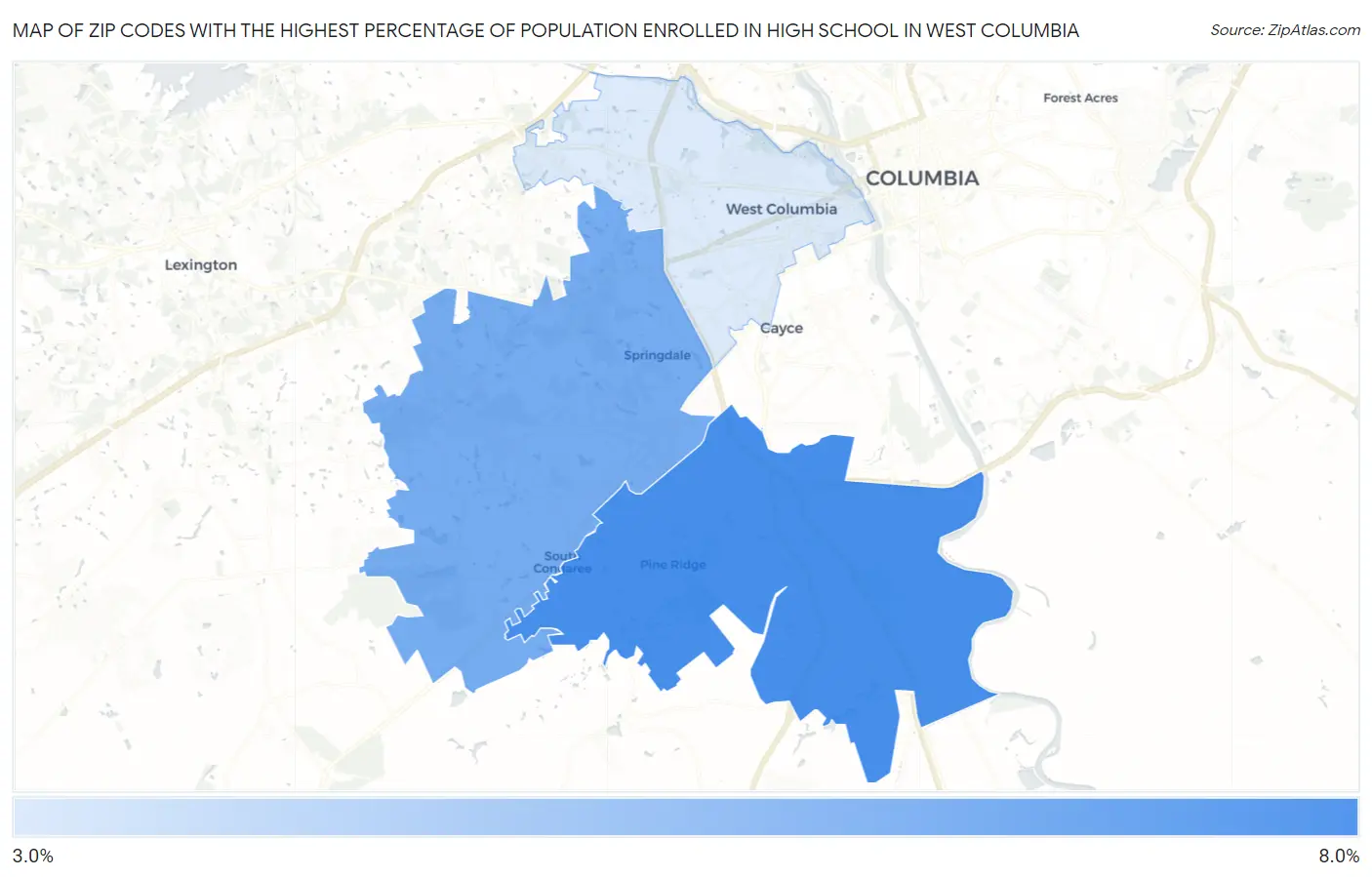 Zip Codes with the Highest Percentage of Population Enrolled in High School in West Columbia Map