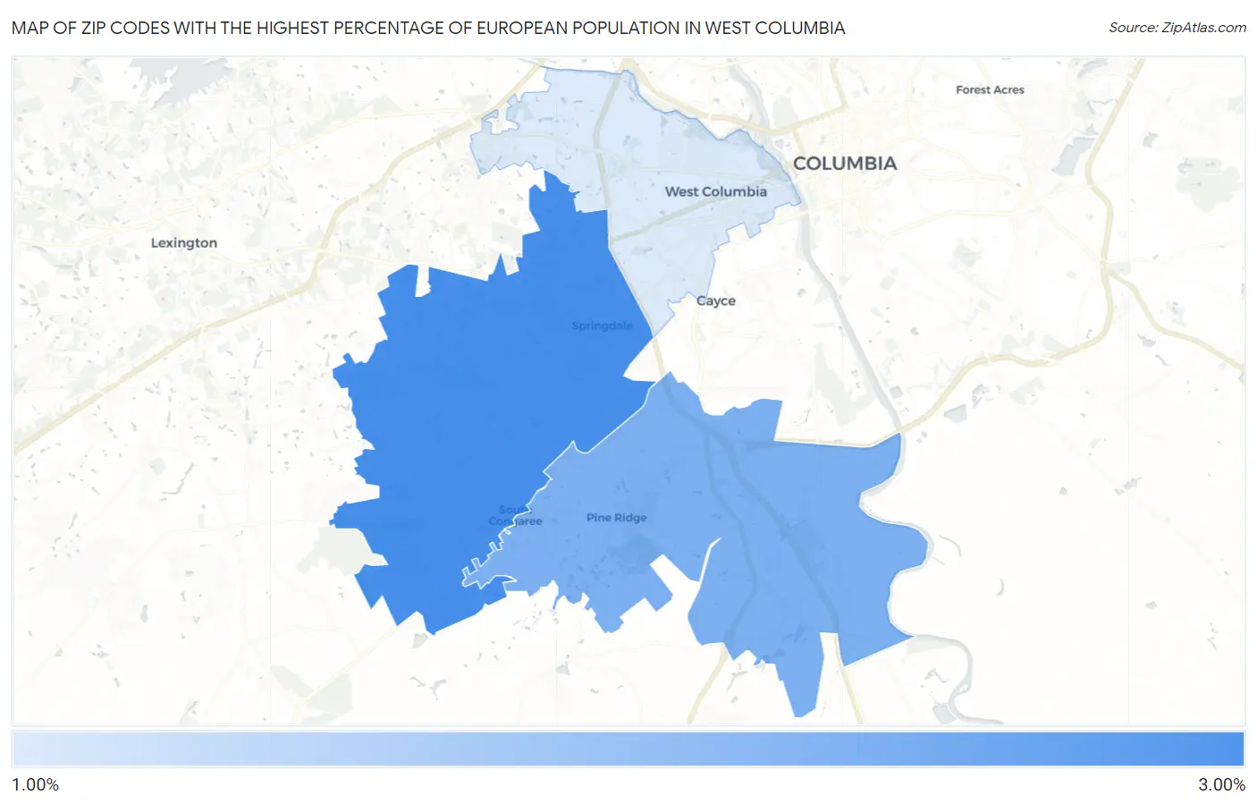 Zip Codes with the Highest Percentage of European Population in West Columbia Map
