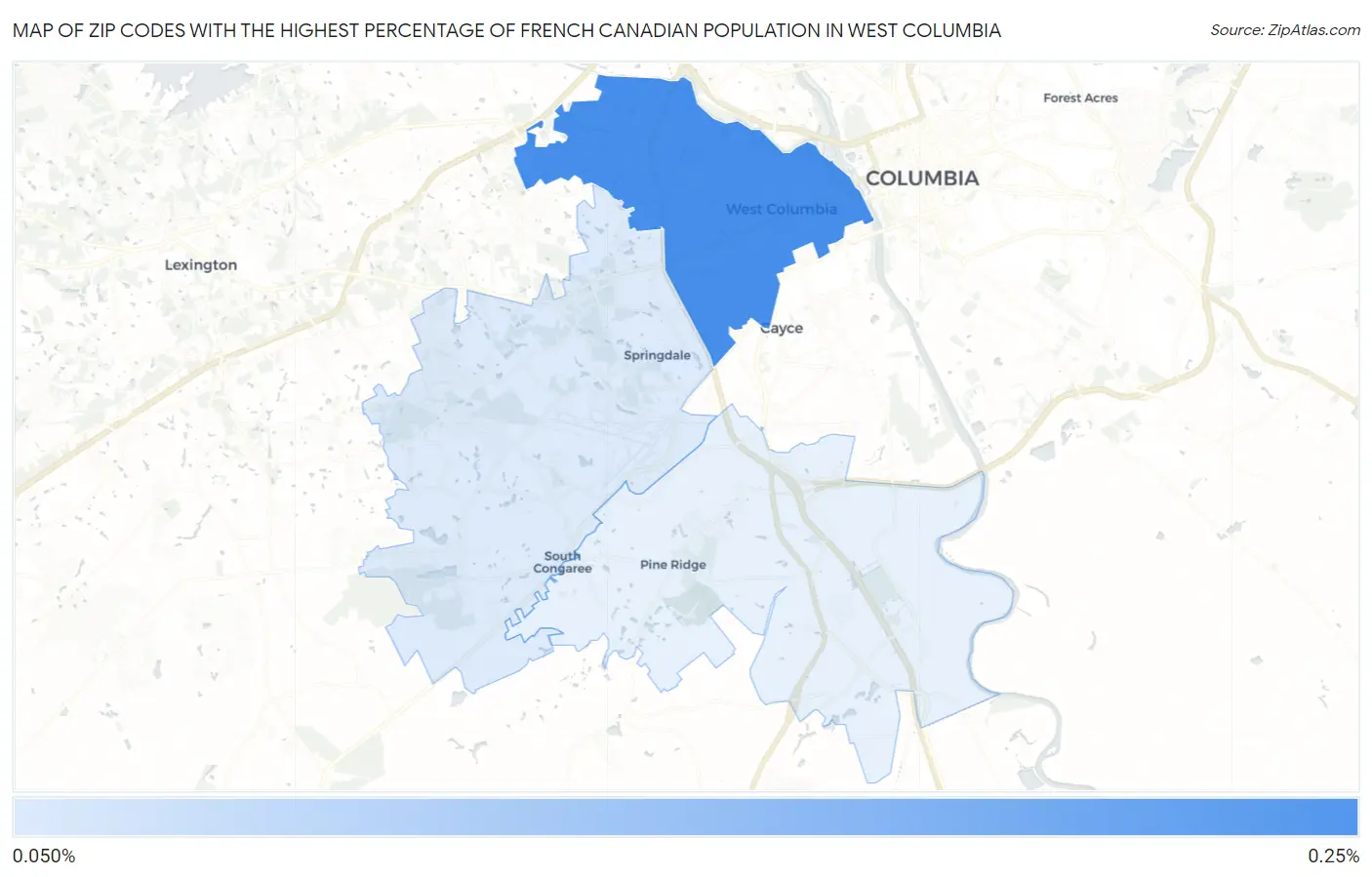 Zip Codes with the Highest Percentage of French Canadian Population in West Columbia Map