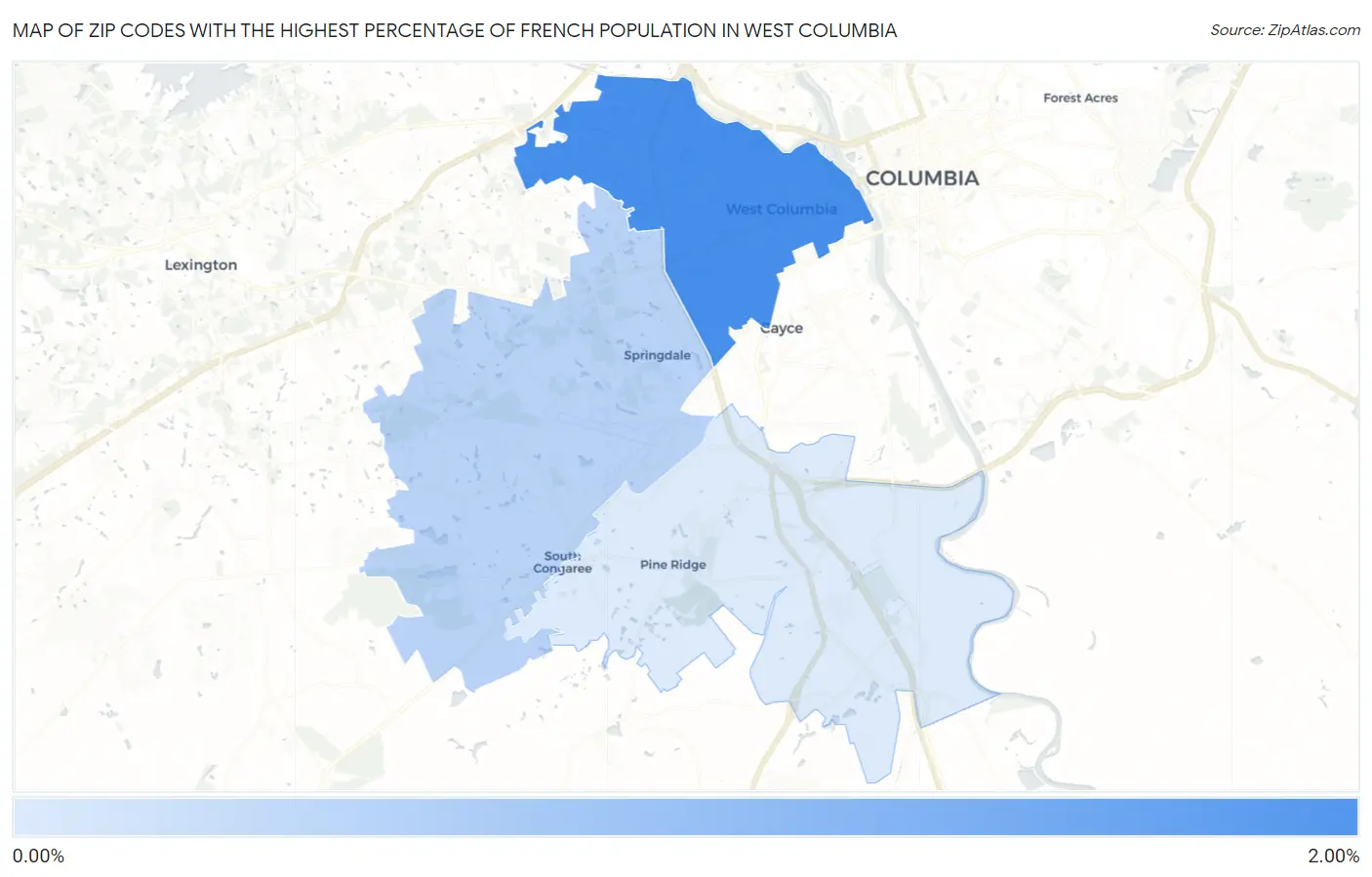 Zip Codes with the Highest Percentage of French Population in West Columbia Map