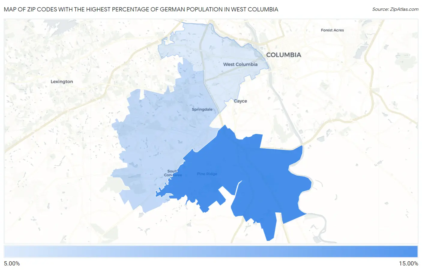 Zip Codes with the Highest Percentage of German Population in West Columbia Map