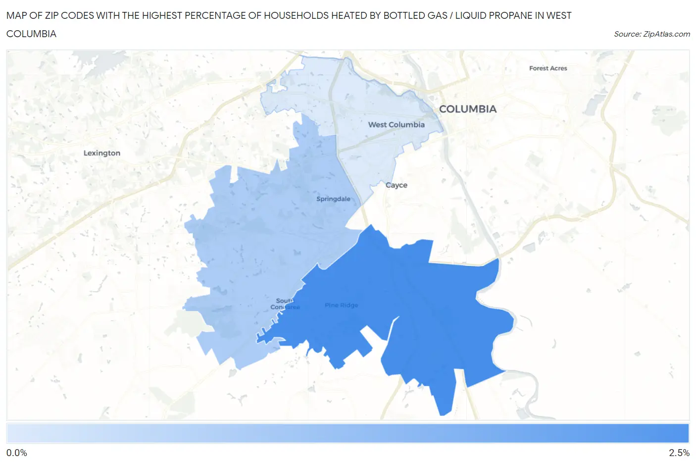 Zip Codes with the Highest Percentage of Households Heated by Bottled Gas / Liquid Propane in West Columbia Map