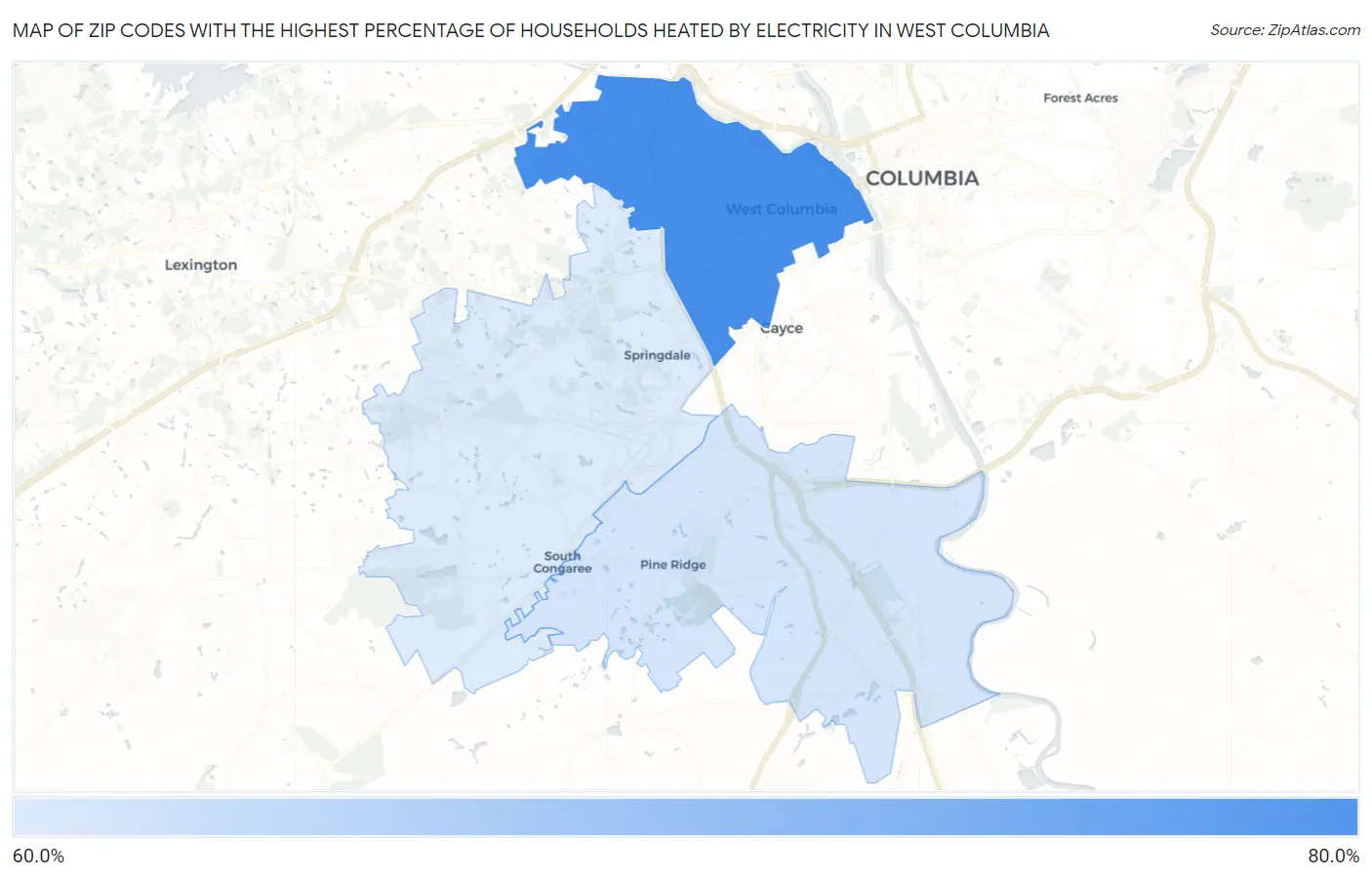 Zip Codes with the Highest Percentage of Households Heated by Electricity in West Columbia Map