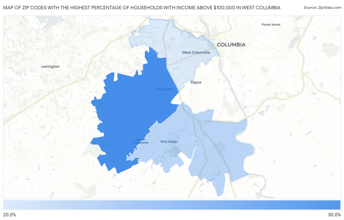 Zip Codes with the Highest Percentage of Households with Income Above $100,000 in West Columbia Map