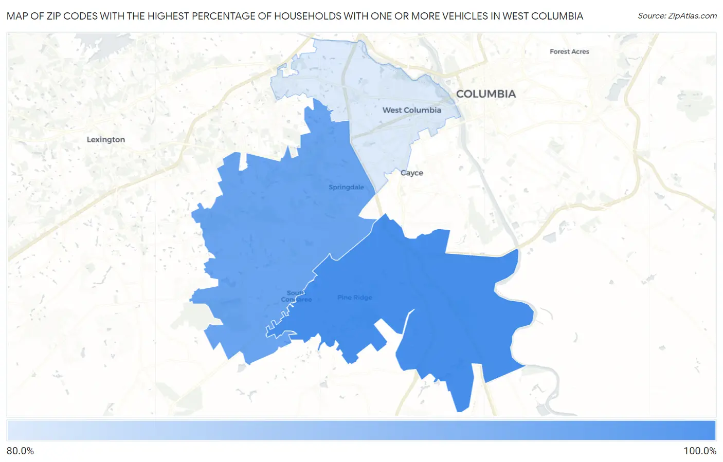 Zip Codes with the Highest Percentage of Households With One or more Vehicles in West Columbia Map
