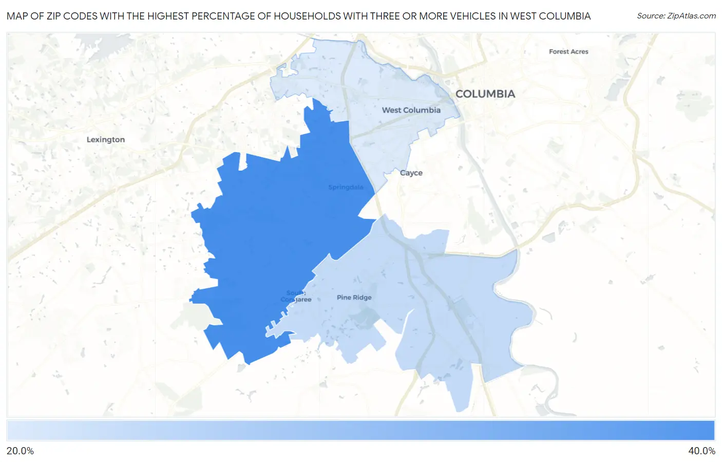 Zip Codes with the Highest Percentage of Households With Three or more Vehicles in West Columbia Map