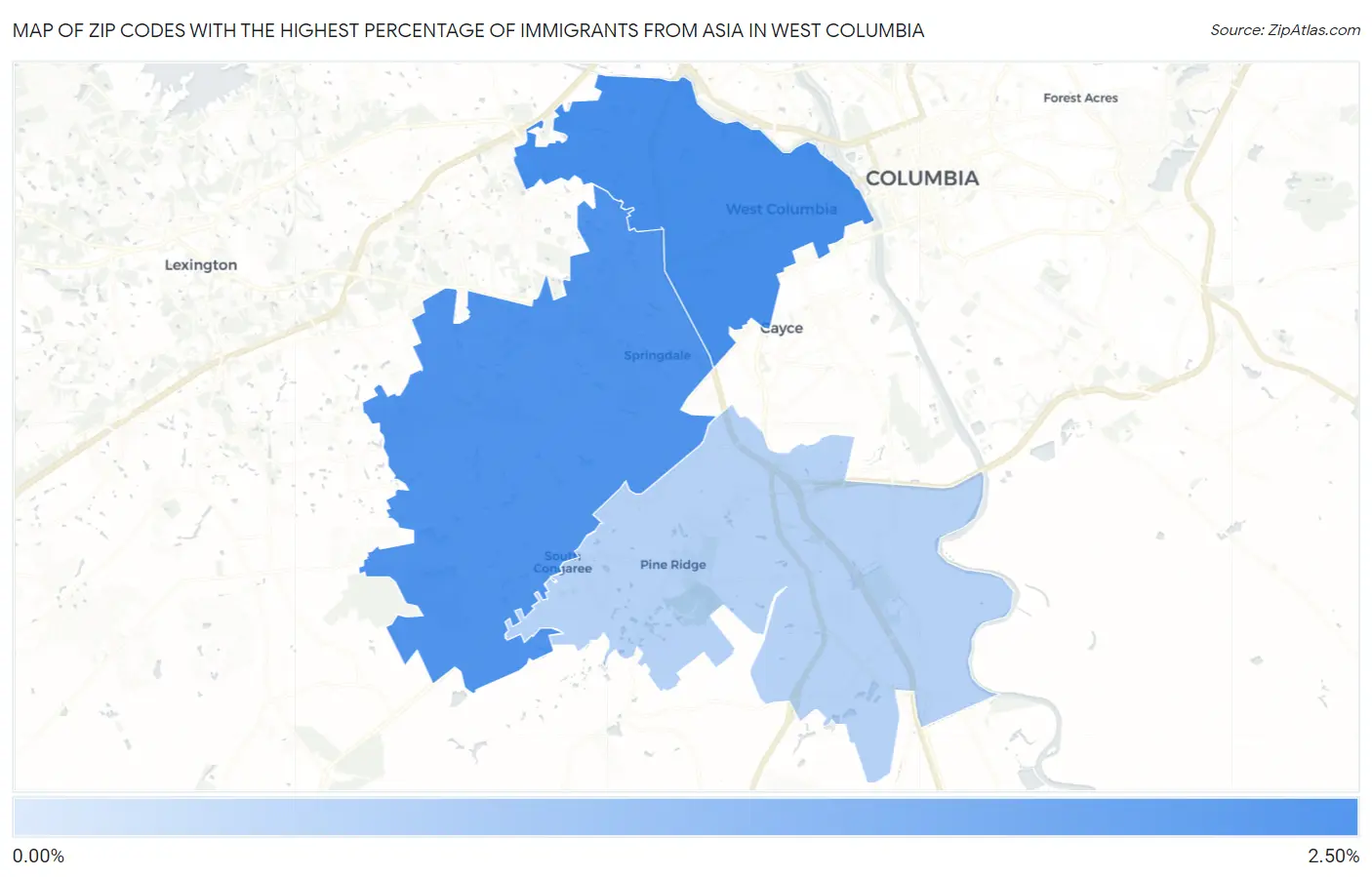 Zip Codes with the Highest Percentage of Immigrants from Asia in West Columbia Map