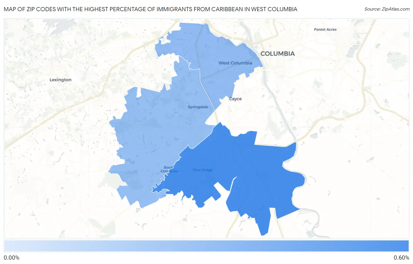 Zip Codes with the Highest Percentage of Immigrants from Caribbean in West Columbia Map
