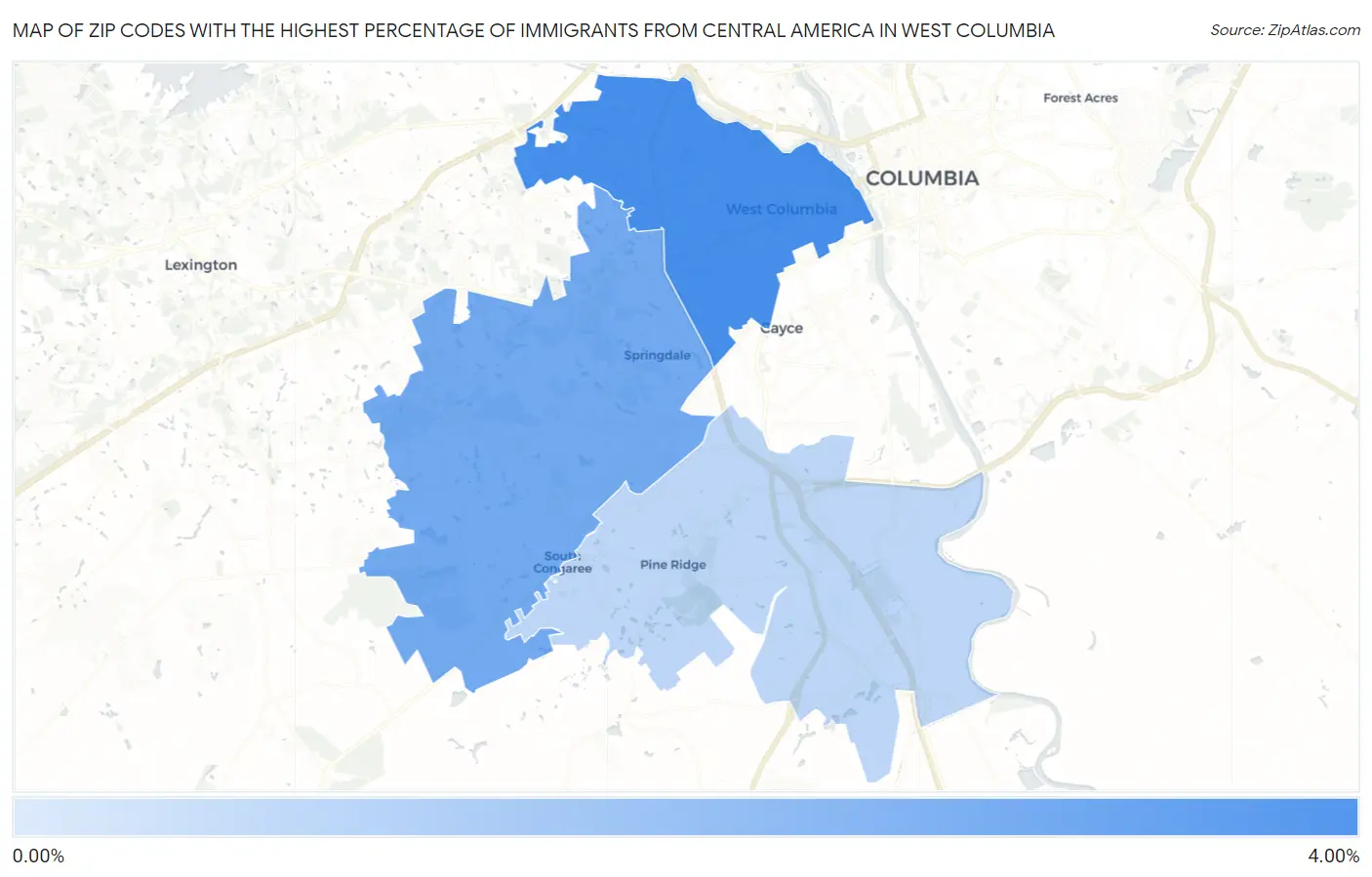 Zip Codes with the Highest Percentage of Immigrants from Central America in West Columbia Map