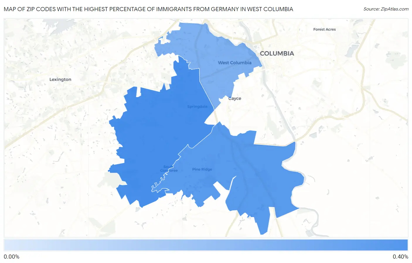 Zip Codes with the Highest Percentage of Immigrants from Germany in West Columbia Map