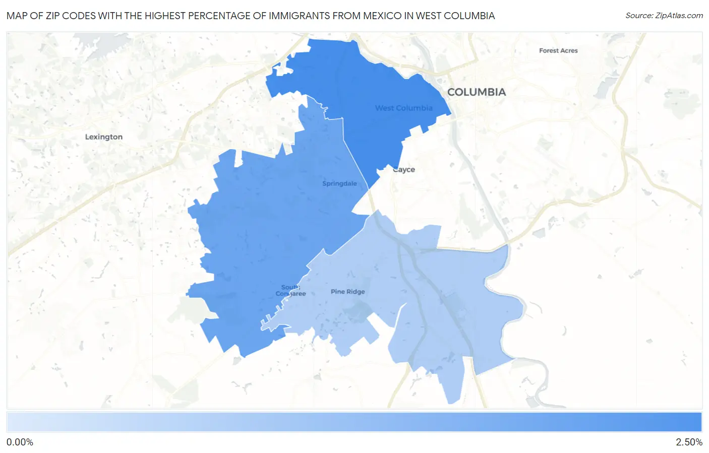 Zip Codes with the Highest Percentage of Immigrants from Mexico in West Columbia Map