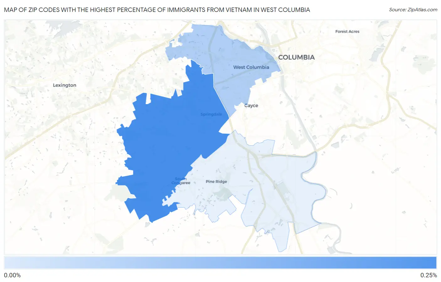 Zip Codes with the Highest Percentage of Immigrants from Vietnam in West Columbia Map