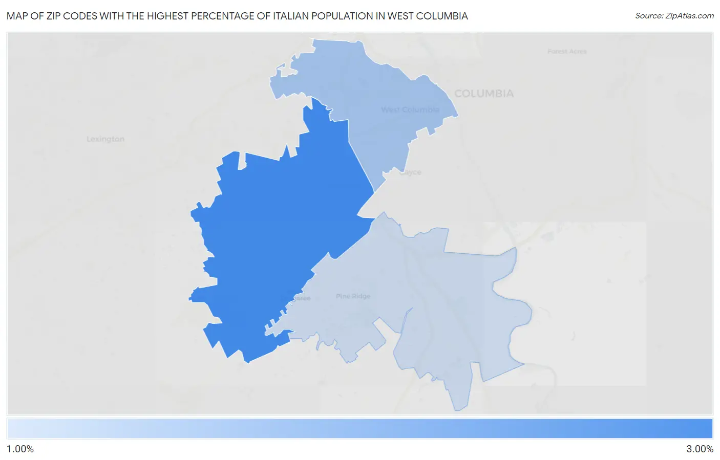 Zip Codes with the Highest Percentage of Italian Population in West Columbia Map