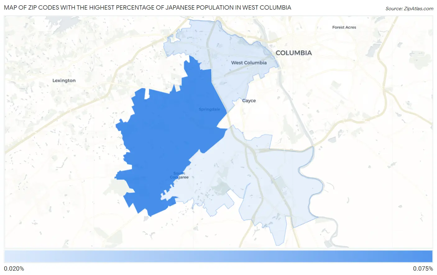 Zip Codes with the Highest Percentage of Japanese Population in West Columbia Map