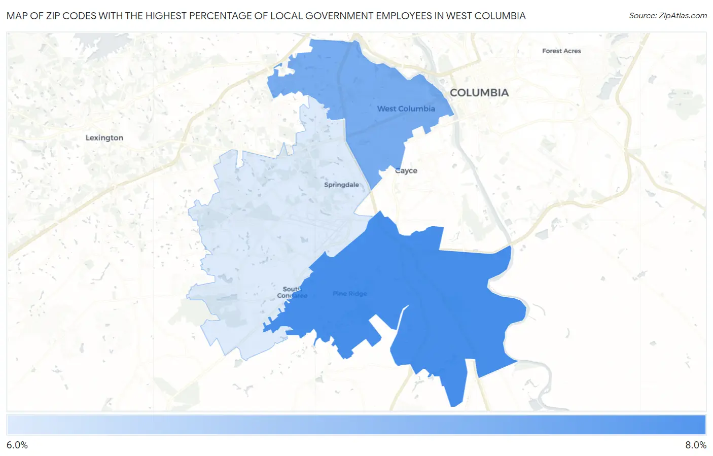 Zip Codes with the Highest Percentage of Local Government Employees in West Columbia Map
