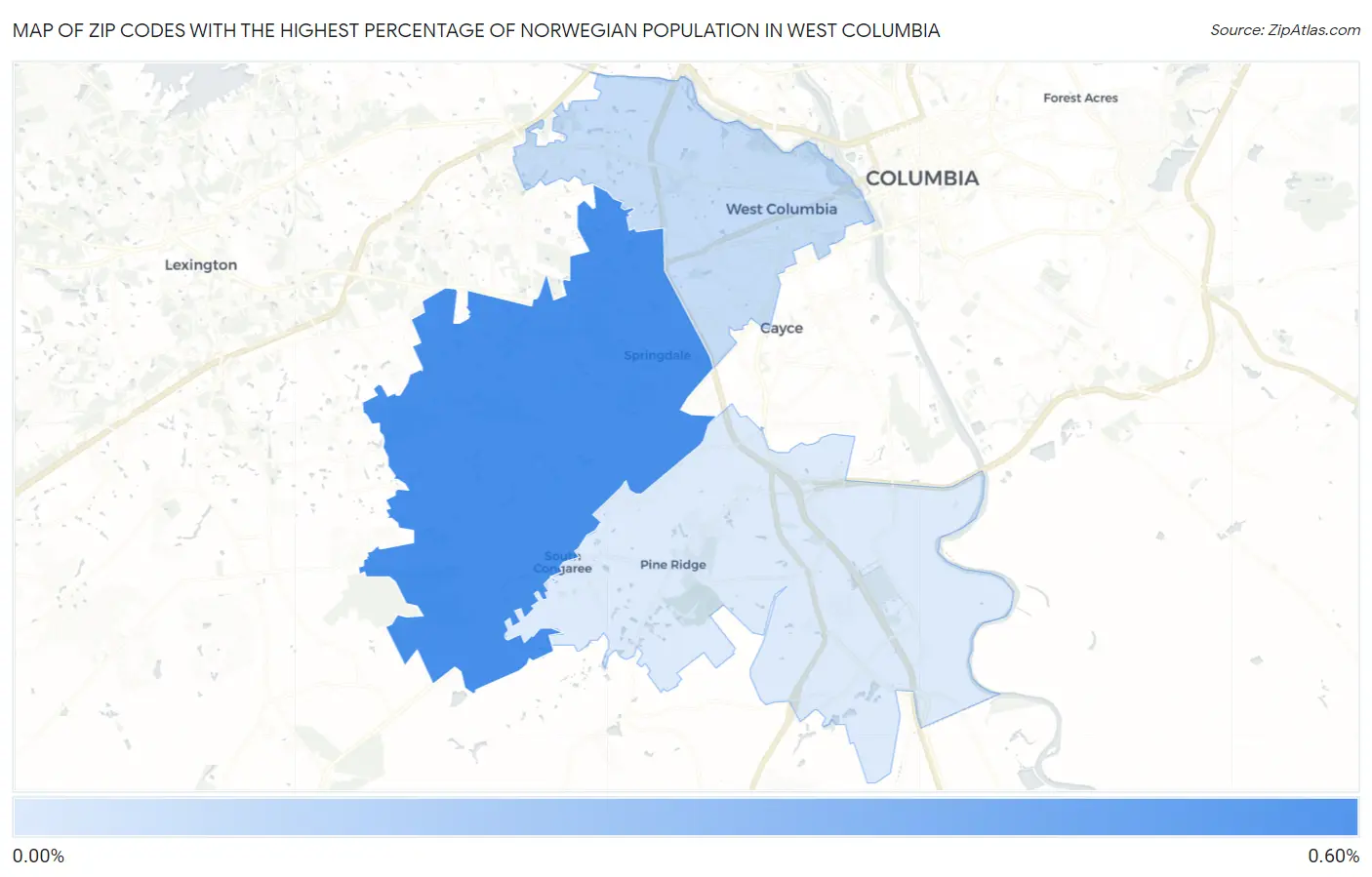 Zip Codes with the Highest Percentage of Norwegian Population in West Columbia Map