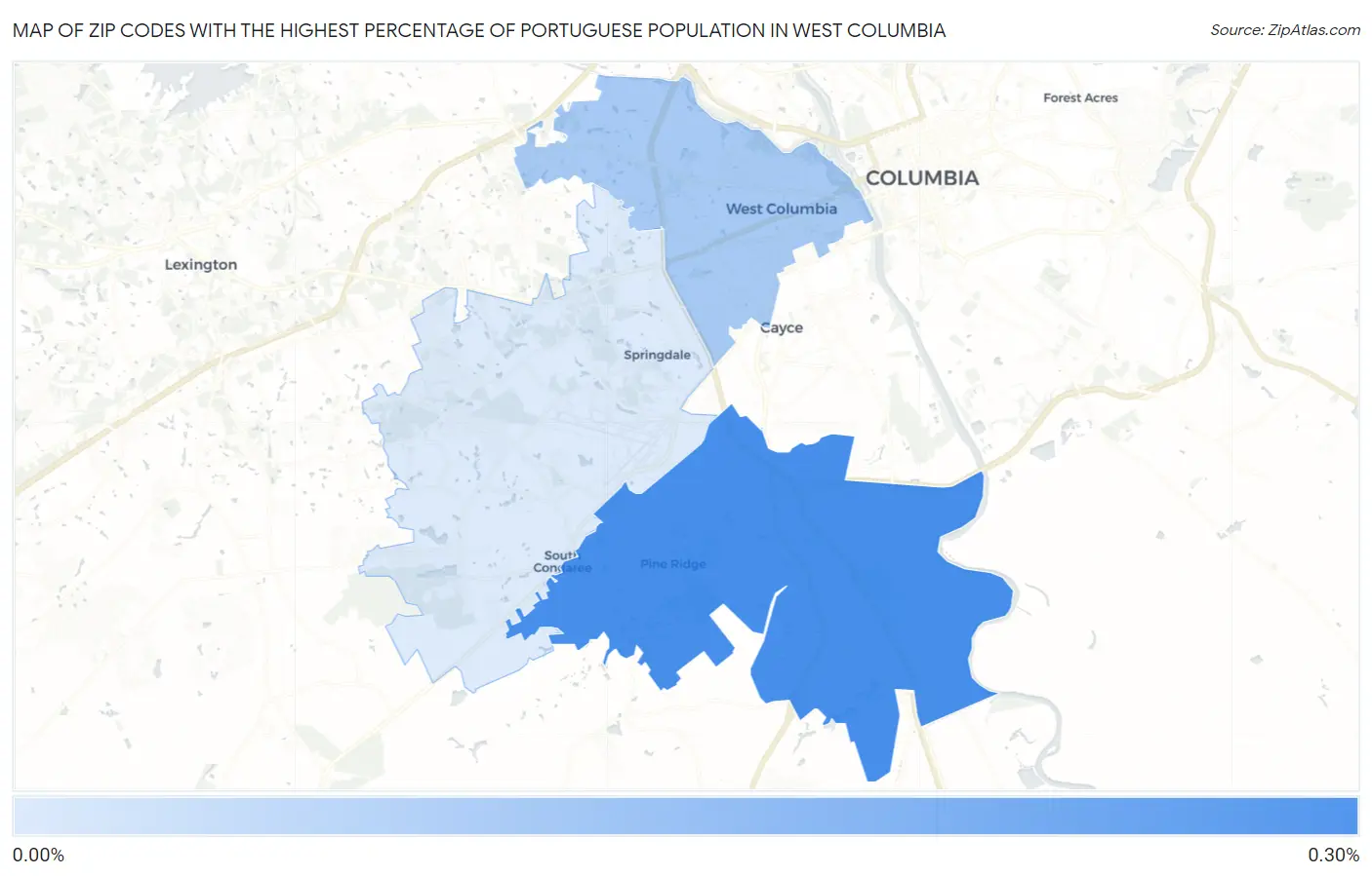 Zip Codes with the Highest Percentage of Portuguese Population in West Columbia Map