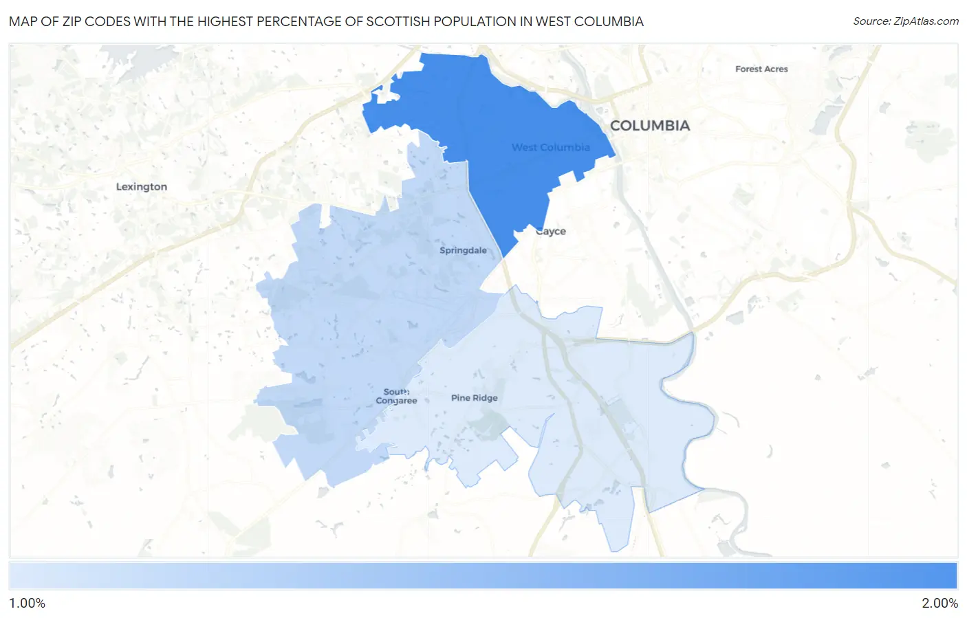 Zip Codes with the Highest Percentage of Scottish Population in West Columbia Map